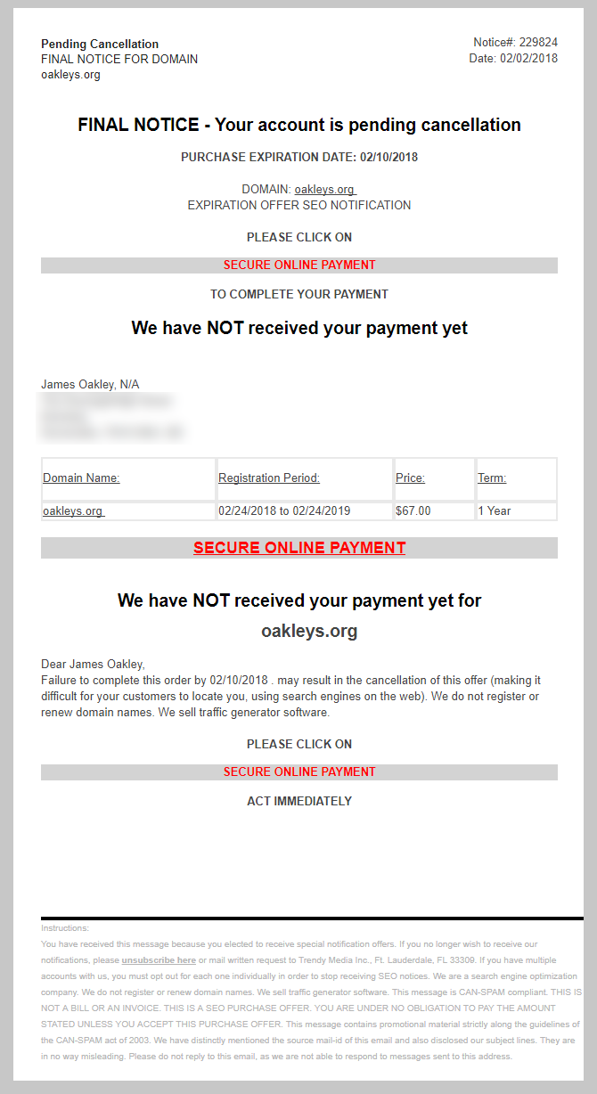 A fake domain invoice