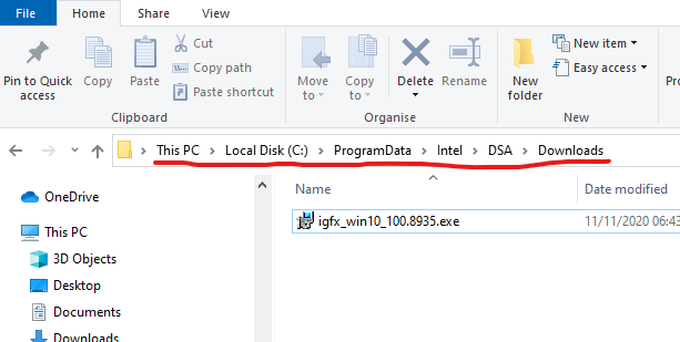 The Intel Driver & Support Assistant downloads directory