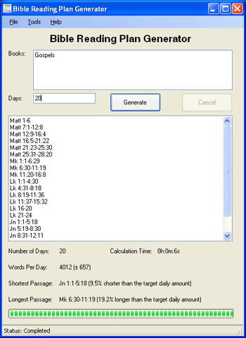 Screenshot of Bible Reading Plan Generator